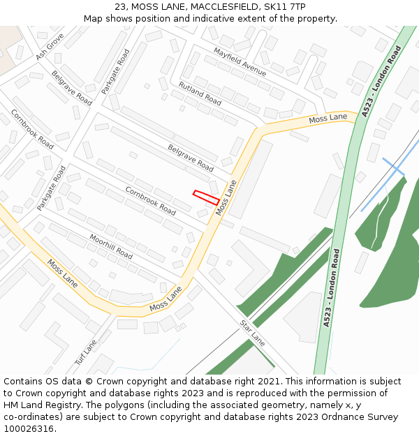 23, MOSS LANE, MACCLESFIELD, SK11 7TP: Location map and indicative extent of plot