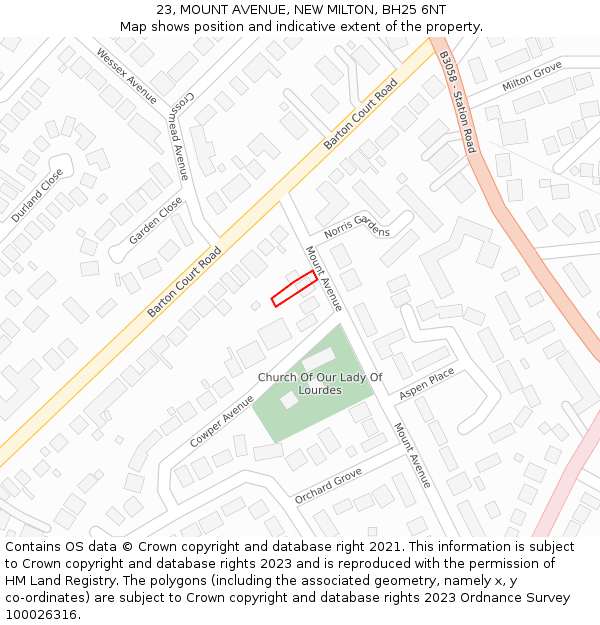 23, MOUNT AVENUE, NEW MILTON, BH25 6NT: Location map and indicative extent of plot