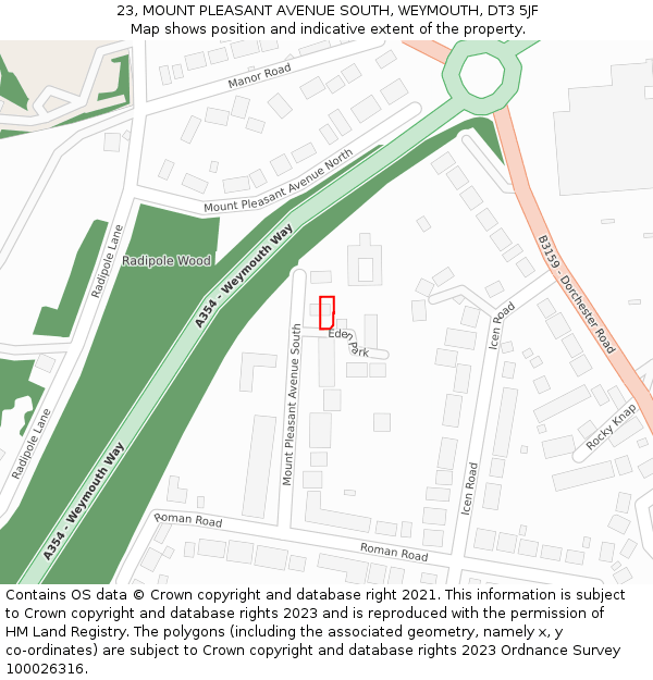 23, MOUNT PLEASANT AVENUE SOUTH, WEYMOUTH, DT3 5JF: Location map and indicative extent of plot