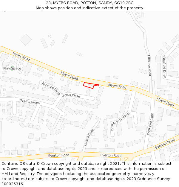 23, MYERS ROAD, POTTON, SANDY, SG19 2RG: Location map and indicative extent of plot