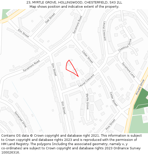 23, MYRTLE GROVE, HOLLINGWOOD, CHESTERFIELD, S43 2LL: Location map and indicative extent of plot