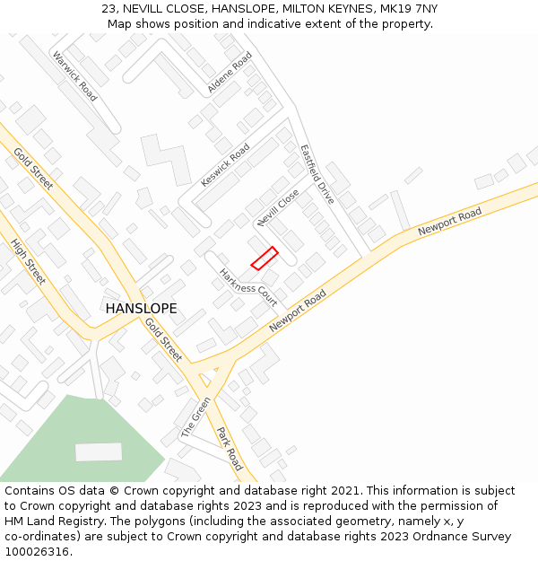 23, NEVILL CLOSE, HANSLOPE, MILTON KEYNES, MK19 7NY: Location map and indicative extent of plot