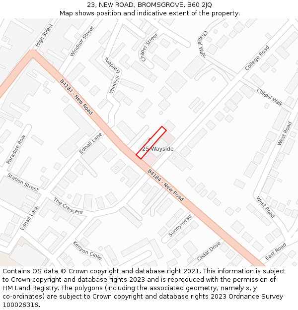 23, NEW ROAD, BROMSGROVE, B60 2JQ: Location map and indicative extent of plot