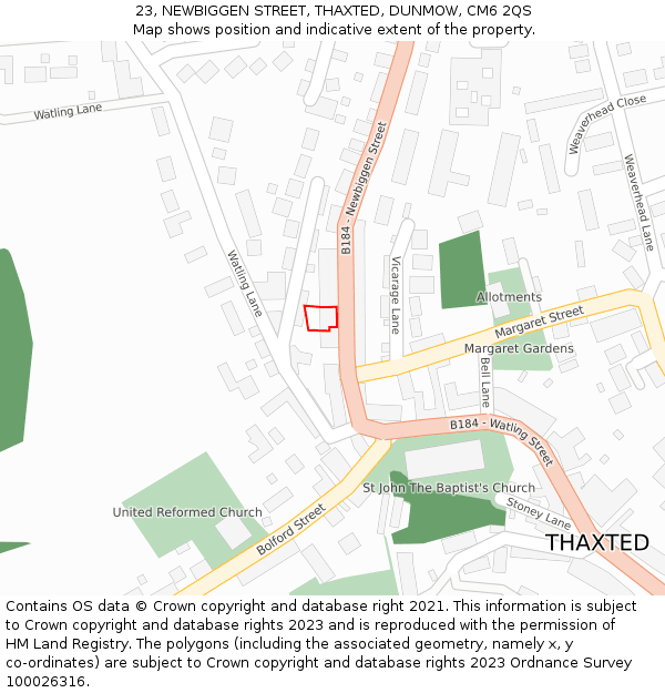 23, NEWBIGGEN STREET, THAXTED, DUNMOW, CM6 2QS: Location map and indicative extent of plot
