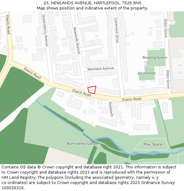 23, NEWLANDS AVENUE, HARTLEPOOL, TS26 9NS: Location map and indicative extent of plot