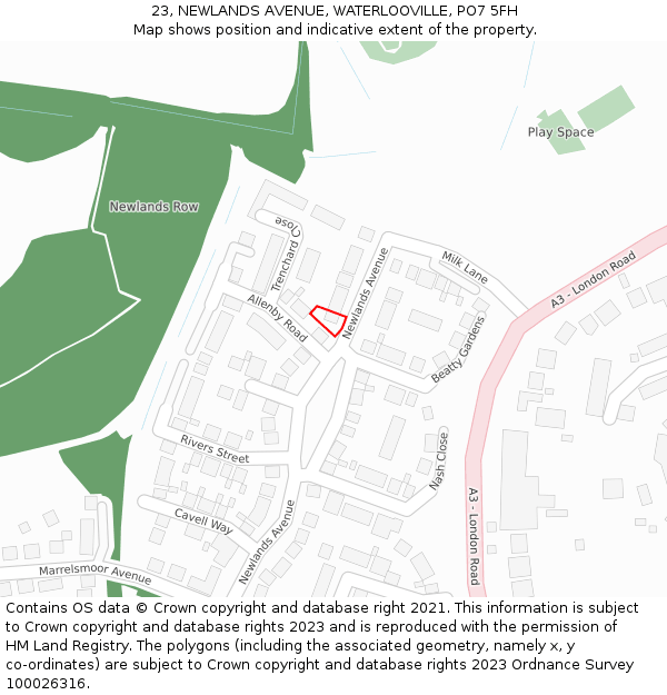 23, NEWLANDS AVENUE, WATERLOOVILLE, PO7 5FH: Location map and indicative extent of plot