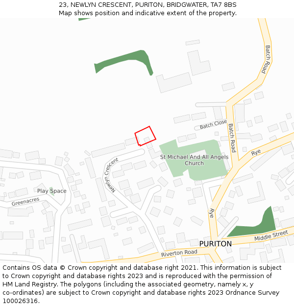 23, NEWLYN CRESCENT, PURITON, BRIDGWATER, TA7 8BS: Location map and indicative extent of plot