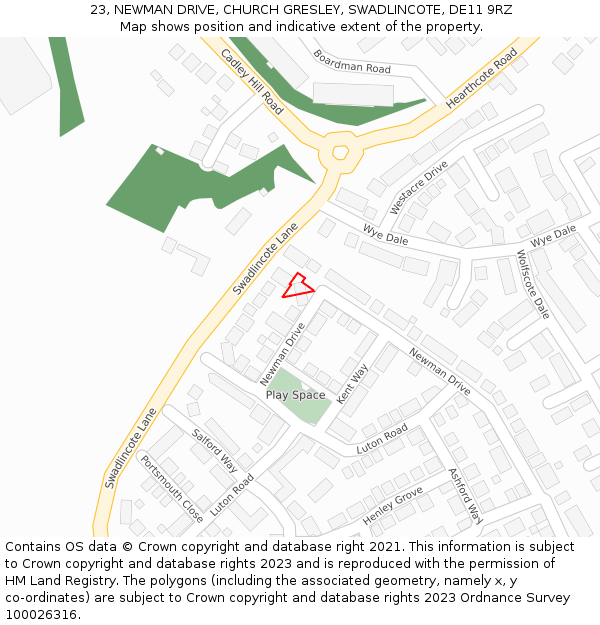 23, NEWMAN DRIVE, CHURCH GRESLEY, SWADLINCOTE, DE11 9RZ: Location map and indicative extent of plot