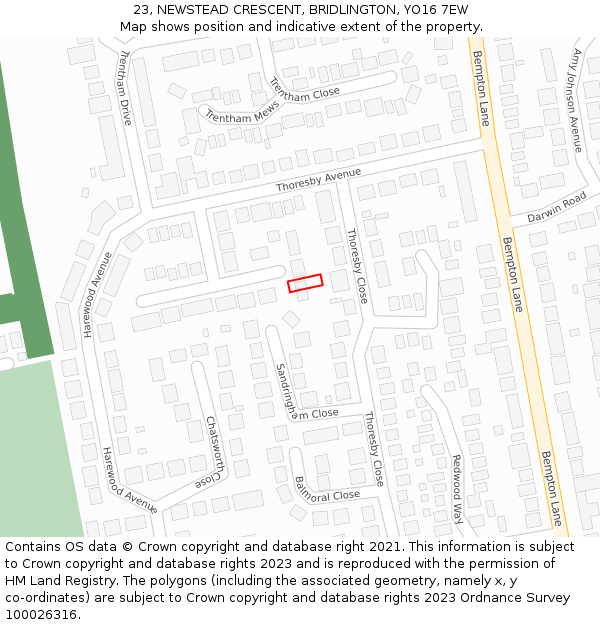 23, NEWSTEAD CRESCENT, BRIDLINGTON, YO16 7EW: Location map and indicative extent of plot
