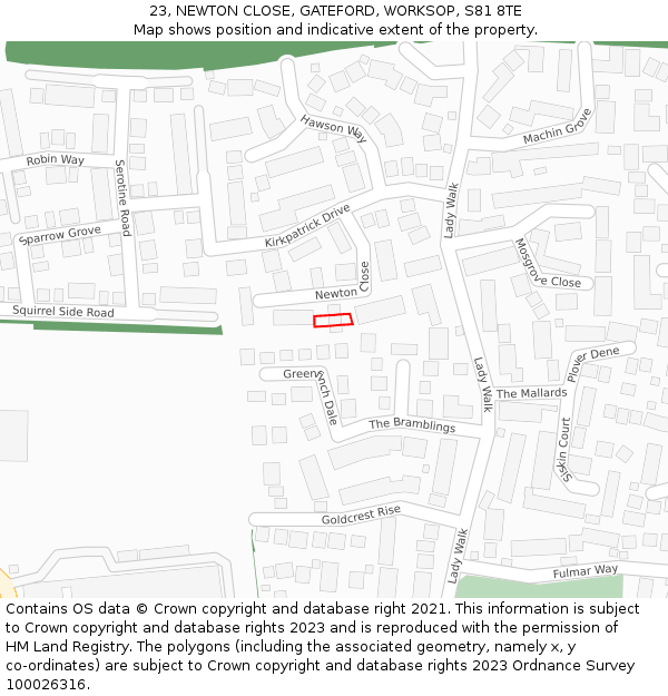 23, NEWTON CLOSE, GATEFORD, WORKSOP, S81 8TE: Location map and indicative extent of plot