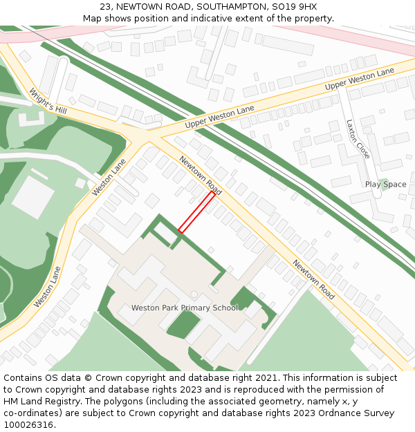 23, NEWTOWN ROAD, SOUTHAMPTON, SO19 9HX: Location map and indicative extent of plot