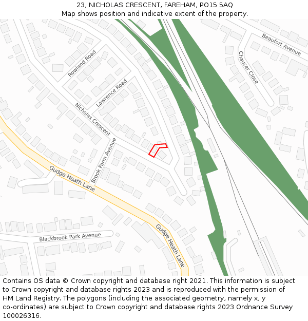 23, NICHOLAS CRESCENT, FAREHAM, PO15 5AQ: Location map and indicative extent of plot