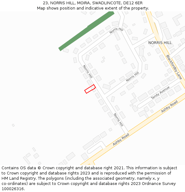 23, NORRIS HILL, MOIRA, SWADLINCOTE, DE12 6ER: Location map and indicative extent of plot