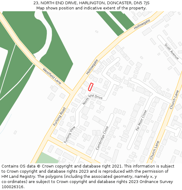 23, NORTH END DRIVE, HARLINGTON, DONCASTER, DN5 7JS: Location map and indicative extent of plot