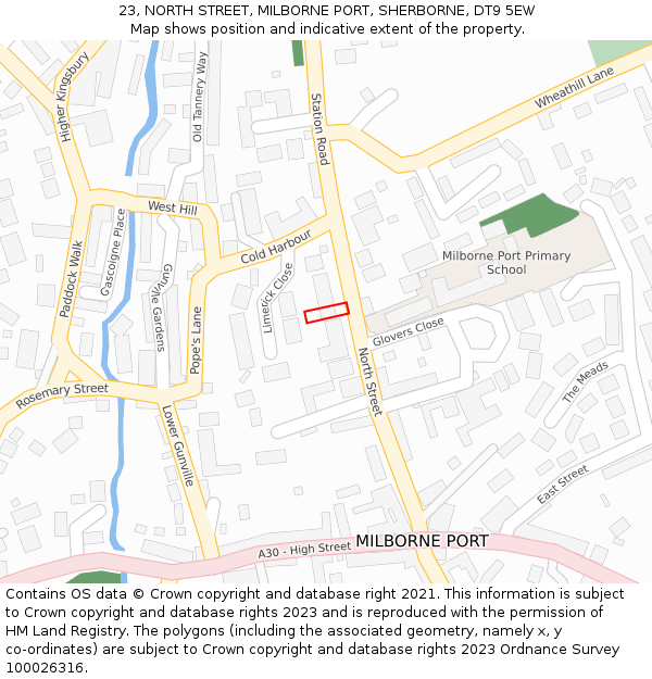 23, NORTH STREET, MILBORNE PORT, SHERBORNE, DT9 5EW: Location map and indicative extent of plot