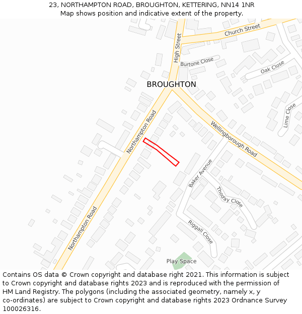 23, NORTHAMPTON ROAD, BROUGHTON, KETTERING, NN14 1NR: Location map and indicative extent of plot