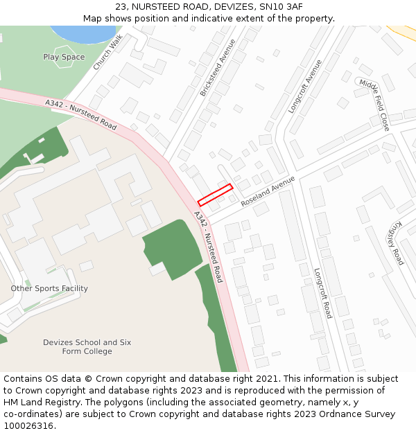 23, NURSTEED ROAD, DEVIZES, SN10 3AF: Location map and indicative extent of plot