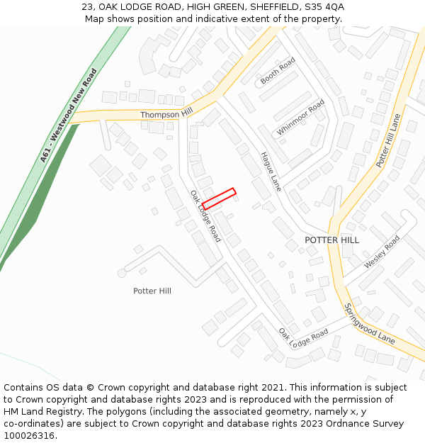 23, OAK LODGE ROAD, HIGH GREEN, SHEFFIELD, S35 4QA: Location map and indicative extent of plot