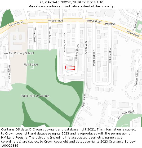 23, OAKDALE GROVE, SHIPLEY, BD18 1NX: Location map and indicative extent of plot