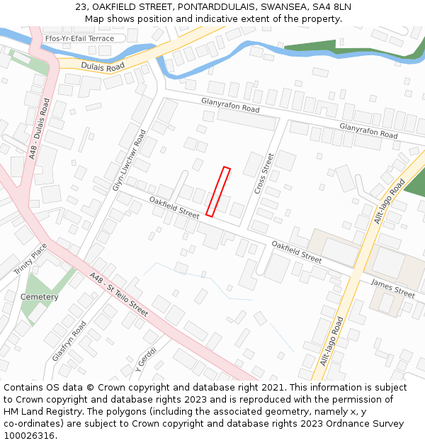 23, OAKFIELD STREET, PONTARDDULAIS, SWANSEA, SA4 8LN: Location map and indicative extent of plot