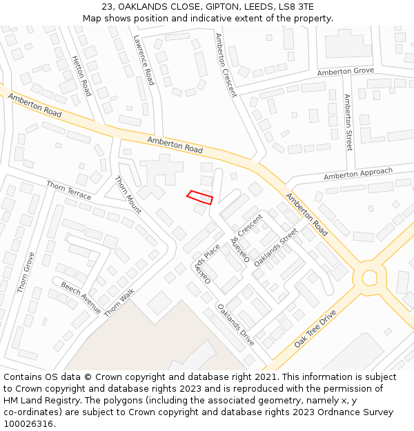 23, OAKLANDS CLOSE, GIPTON, LEEDS, LS8 3TE: Location map and indicative extent of plot