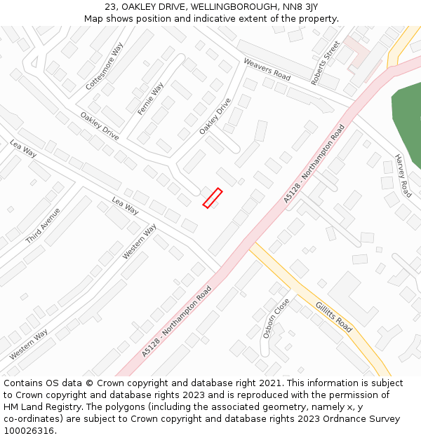 23, OAKLEY DRIVE, WELLINGBOROUGH, NN8 3JY: Location map and indicative extent of plot