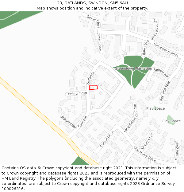 23, OATLANDS, SWINDON, SN5 6AU: Location map and indicative extent of plot