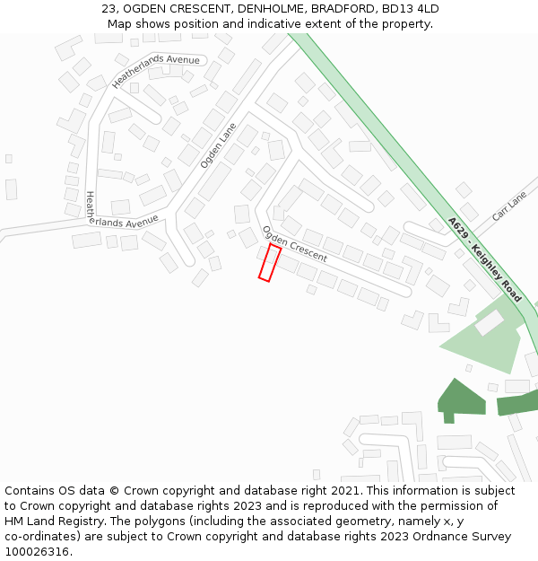 23, OGDEN CRESCENT, DENHOLME, BRADFORD, BD13 4LD: Location map and indicative extent of plot