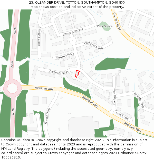 23, OLEANDER DRIVE, TOTTON, SOUTHAMPTON, SO40 8XX: Location map and indicative extent of plot