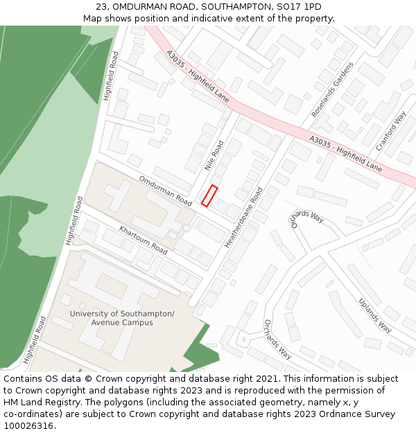 23, OMDURMAN ROAD, SOUTHAMPTON, SO17 1PD: Location map and indicative extent of plot