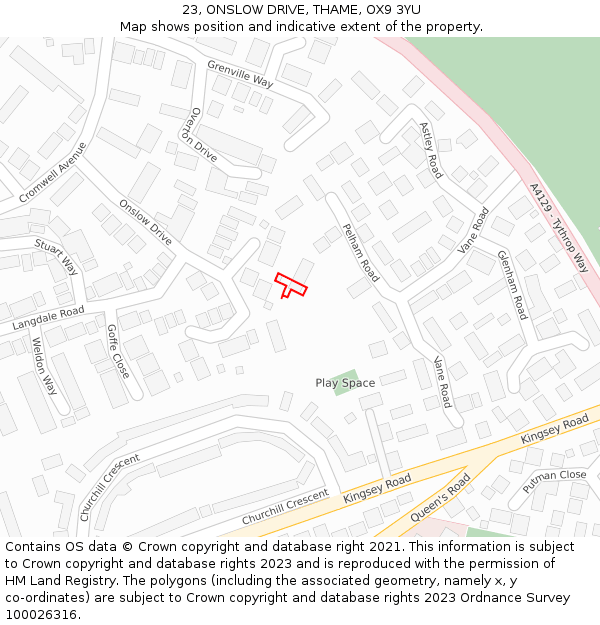 23, ONSLOW DRIVE, THAME, OX9 3YU: Location map and indicative extent of plot