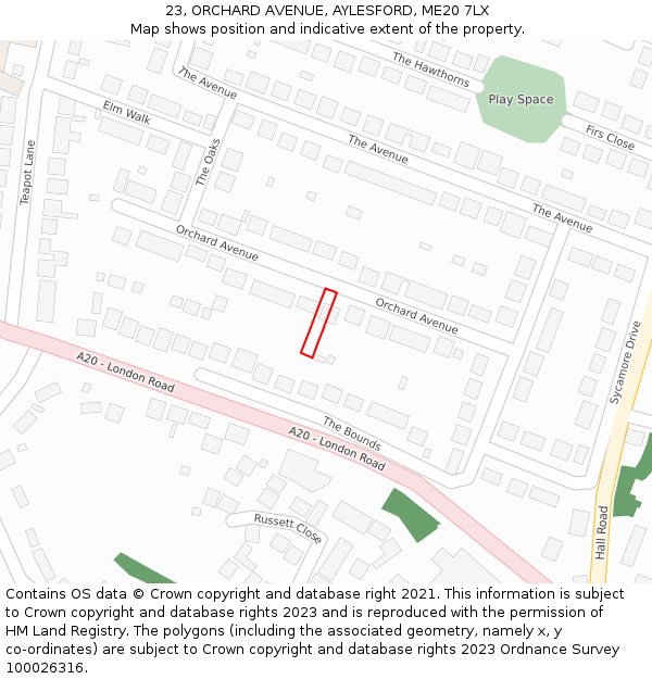 23, ORCHARD AVENUE, AYLESFORD, ME20 7LX: Location map and indicative extent of plot