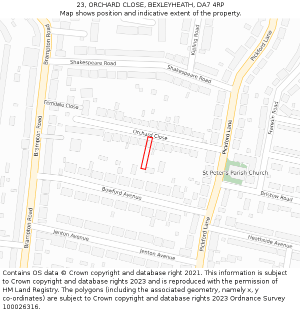 23, ORCHARD CLOSE, BEXLEYHEATH, DA7 4RP: Location map and indicative extent of plot