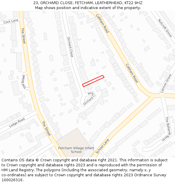 23, ORCHARD CLOSE, FETCHAM, LEATHERHEAD, KT22 9HZ: Location map and indicative extent of plot