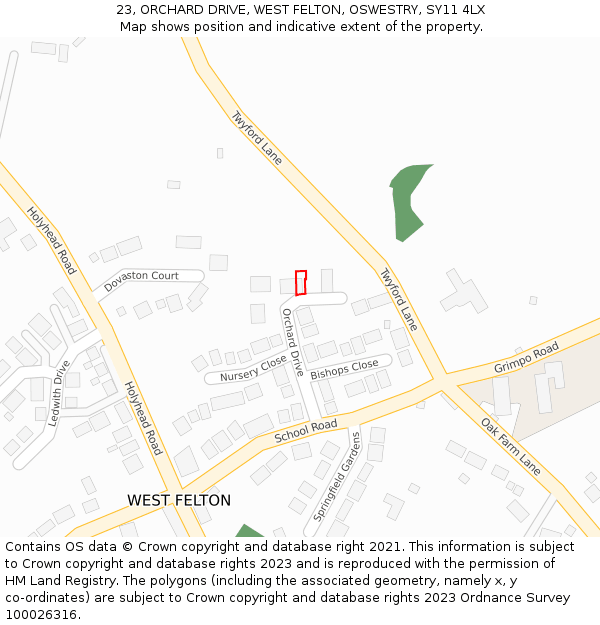 23, ORCHARD DRIVE, WEST FELTON, OSWESTRY, SY11 4LX: Location map and indicative extent of plot