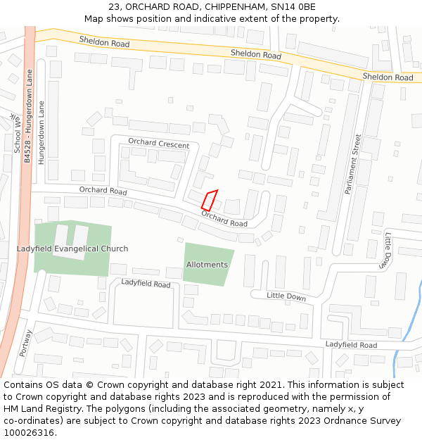 23, ORCHARD ROAD, CHIPPENHAM, SN14 0BE: Location map and indicative extent of plot