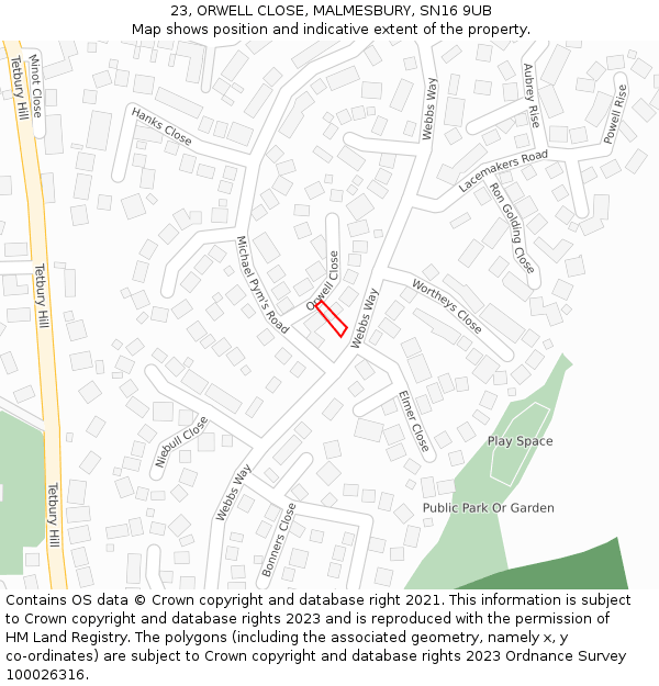 23, ORWELL CLOSE, MALMESBURY, SN16 9UB: Location map and indicative extent of plot