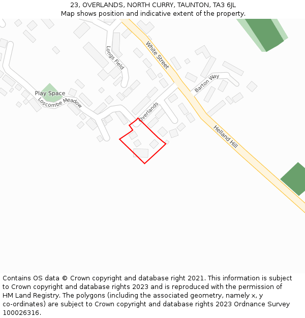 23, OVERLANDS, NORTH CURRY, TAUNTON, TA3 6JL: Location map and indicative extent of plot