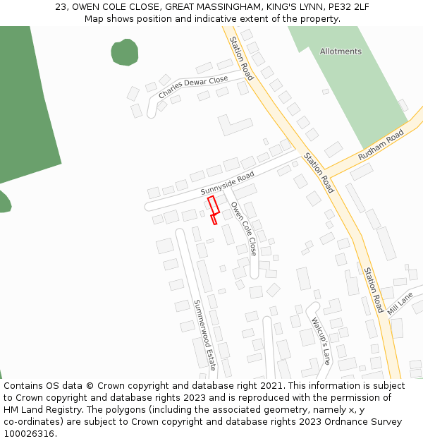 23, OWEN COLE CLOSE, GREAT MASSINGHAM, KING'S LYNN, PE32 2LF: Location map and indicative extent of plot