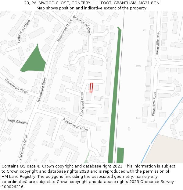 23, PALMWOOD CLOSE, GONERBY HILL FOOT, GRANTHAM, NG31 8GN: Location map and indicative extent of plot