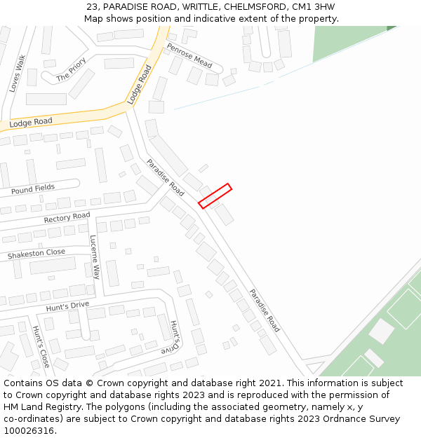 23, PARADISE ROAD, WRITTLE, CHELMSFORD, CM1 3HW: Location map and indicative extent of plot