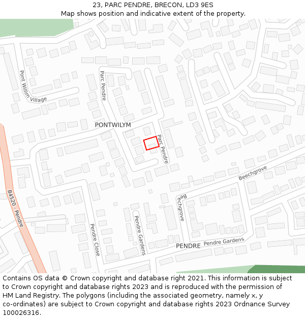 23, PARC PENDRE, BRECON, LD3 9ES: Location map and indicative extent of plot