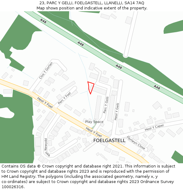 23, PARC Y GELLI, FOELGASTELL, LLANELLI, SA14 7AQ: Location map and indicative extent of plot