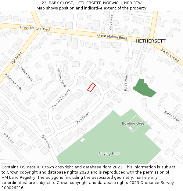 23, PARK CLOSE, HETHERSETT, NORWICH, NR9 3EW: Location map and indicative extent of plot