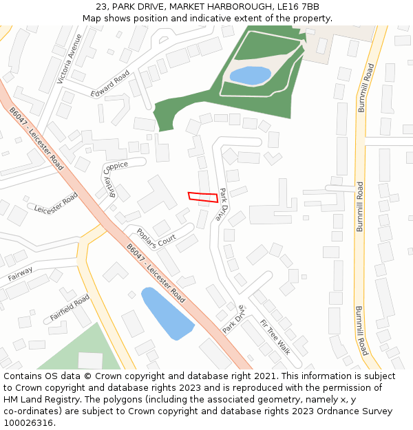 23, PARK DRIVE, MARKET HARBOROUGH, LE16 7BB: Location map and indicative extent of plot