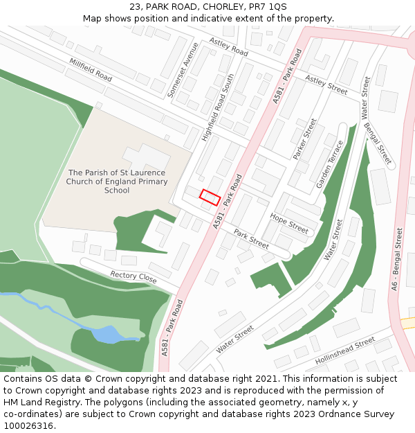 23, PARK ROAD, CHORLEY, PR7 1QS: Location map and indicative extent of plot