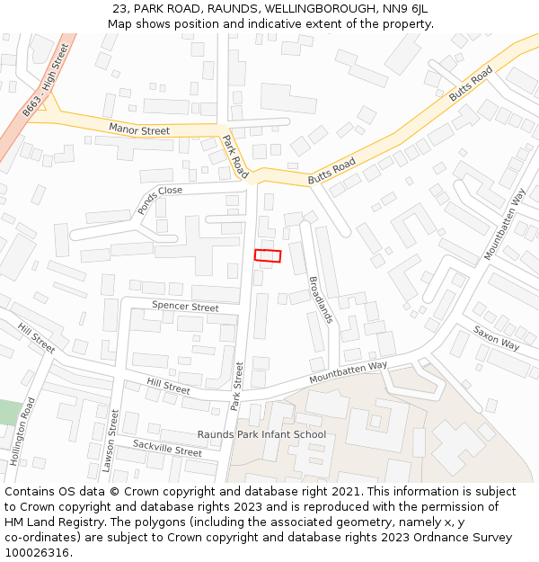 23, PARK ROAD, RAUNDS, WELLINGBOROUGH, NN9 6JL: Location map and indicative extent of plot