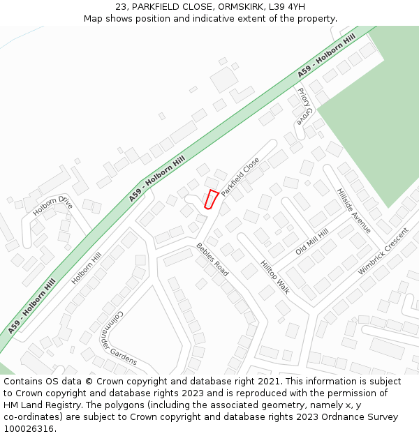 23, PARKFIELD CLOSE, ORMSKIRK, L39 4YH: Location map and indicative extent of plot