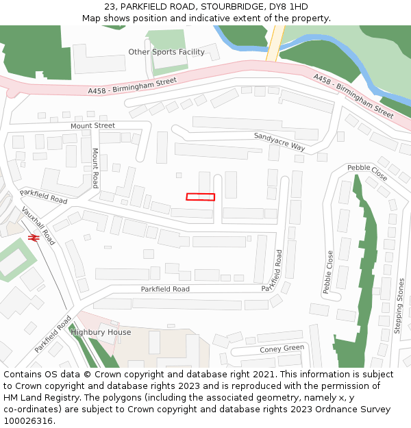 23, PARKFIELD ROAD, STOURBRIDGE, DY8 1HD: Location map and indicative extent of plot