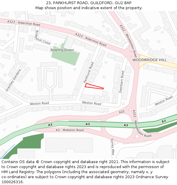 23, PARKHURST ROAD, GUILDFORD, GU2 8AP: Location map and indicative extent of plot